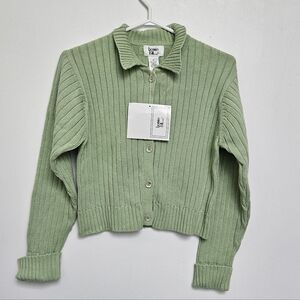 Vintage Bonnie & Bill Sz XL Girl Sage   Ribbed Button-Up Cropped  Cardigan Nwt